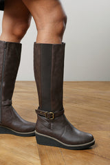 Jaxelle Brown Wide Calf Knee High Wedge Heel Boots with Buckle Closure