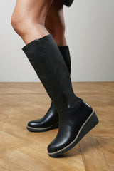 Kavira Black Knee High Wedge Heeled Boots with Stretch Calf Panel
