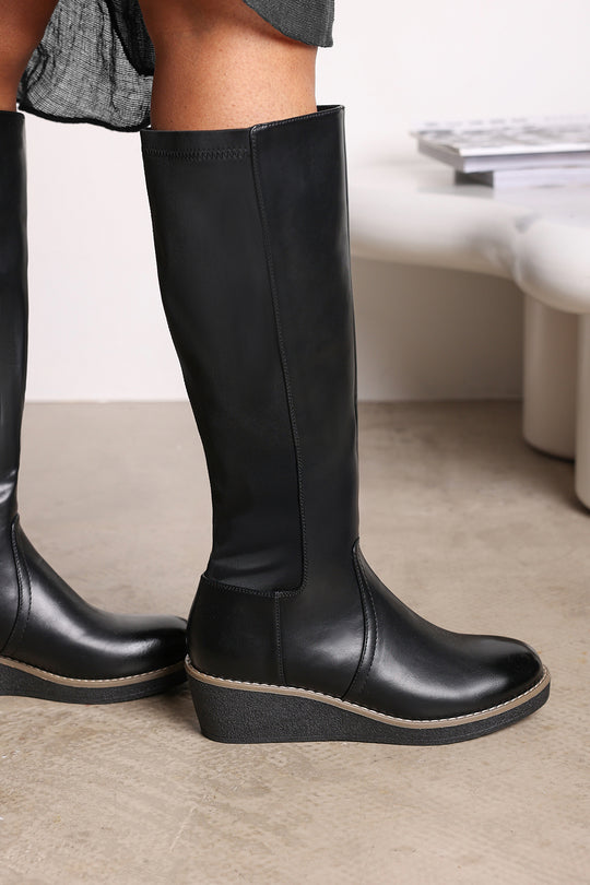 Journey Black Wide Calf Knee High Wedge Boot With Stitch Detail