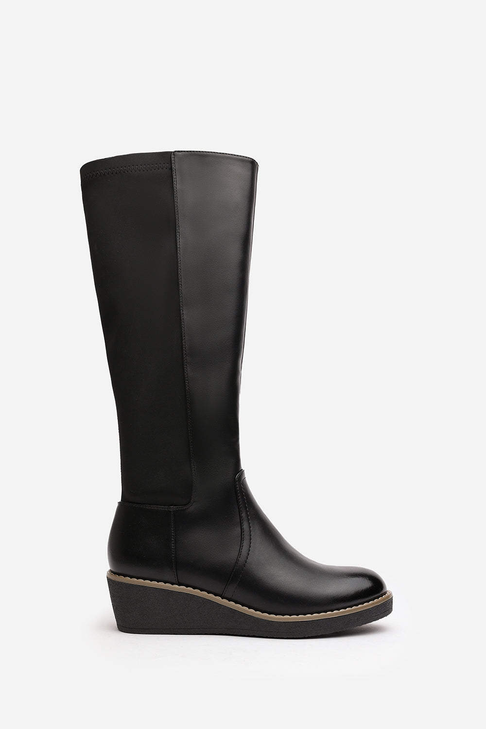 Kavira Black Knee High Wedge Heeled Boots with Stretch Calf Panel