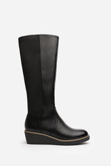 Kavira Black Knee High Wedge Heeled Boots with Stretch Calf Panel