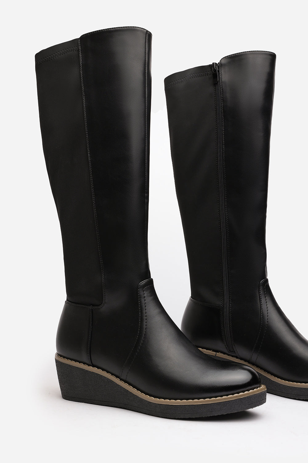 Kavira Black Knee High Wedge Heeled Boots with Stretch Calf Panel