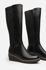 Kavira Black Knee High Wedge Heeled Boots with Stretch Calf Panel