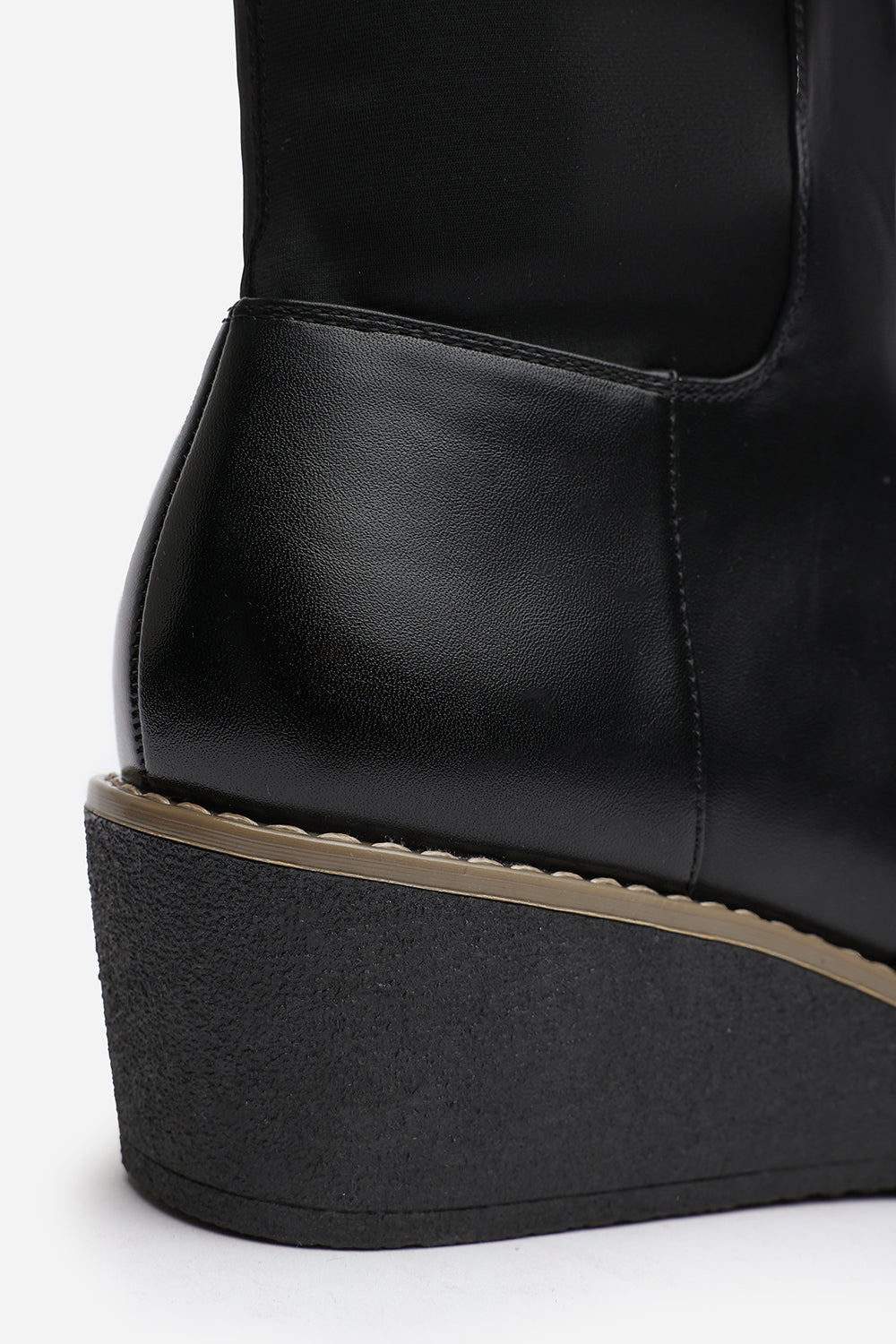 Kavira Black Knee High Wedge Heeled Boots with Stretch Calf Panel
