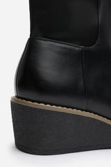 Kavira Black Knee High Wedge Heeled Boots with Stretch Calf Panel