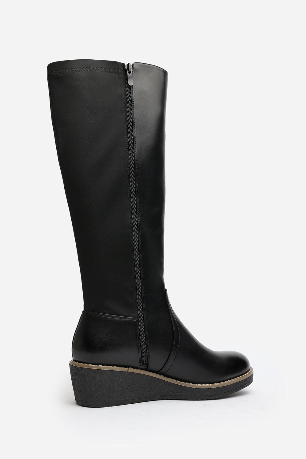 Kavira Black Knee High Wedge Heeled Boots with Stretch Calf Panel