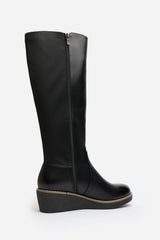 Kavira Black Knee High Wedge Heeled Boots with Stretch Calf Panel