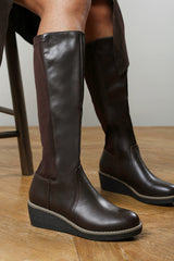 Kavira Brown Knee High Wedge Heeled Boots with Stretch Calf Panel