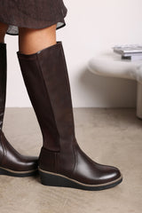 Journey Brown Knee High Wedge Boot With Stitch Detail