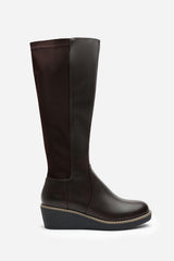 Kavira Brown Knee High Wedge Heeled Boots with Stretch Calf Panel