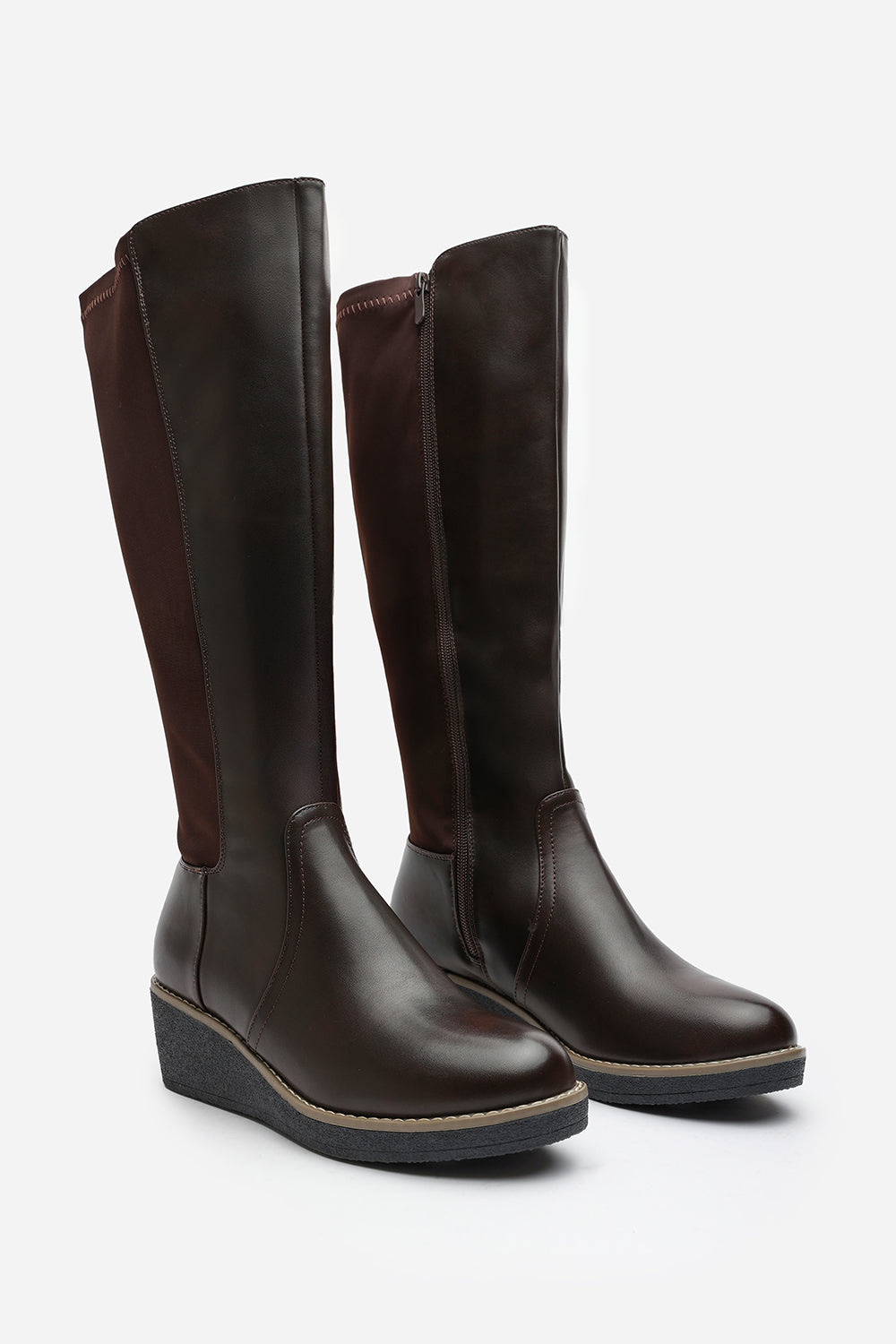 Kavira Brown Knee High Wedge Heeled Boots with Stretch Calf Panel