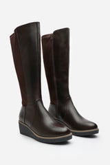Kavira Brown Knee High Wedge Heeled Boots with Stretch Calf Panel