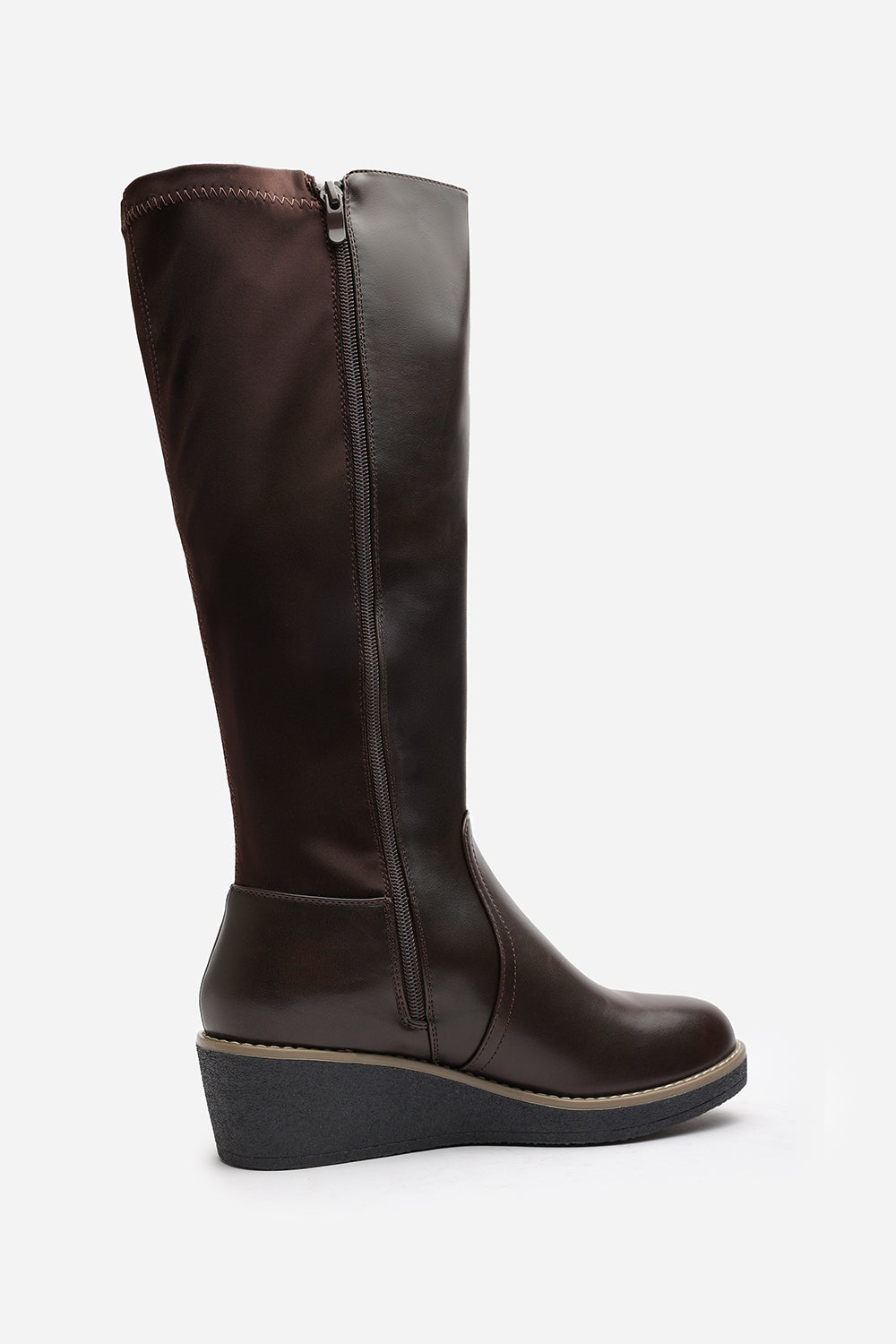 Kavira Brown Knee High Wedge Heeled Boots with Stretch Calf Panel