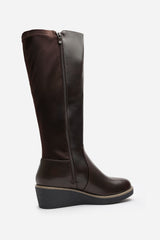 Kavira Brown Knee High Wedge Heeled Boots with Stretch Calf Panel