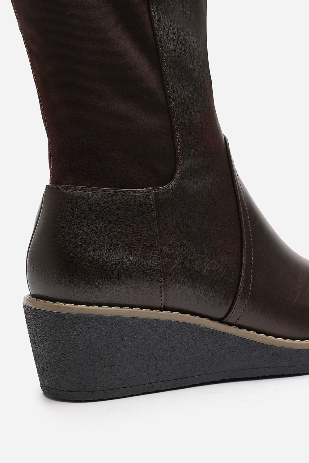 Kavira Brown Knee High Wedge Heeled Boots with Stretch Calf Panel