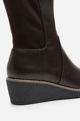 Kavira Brown Knee High Wedge Heeled Boots with Stretch Calf Panel