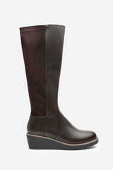 Journey Brown Knee High Wedge Boot With Stitch Detail