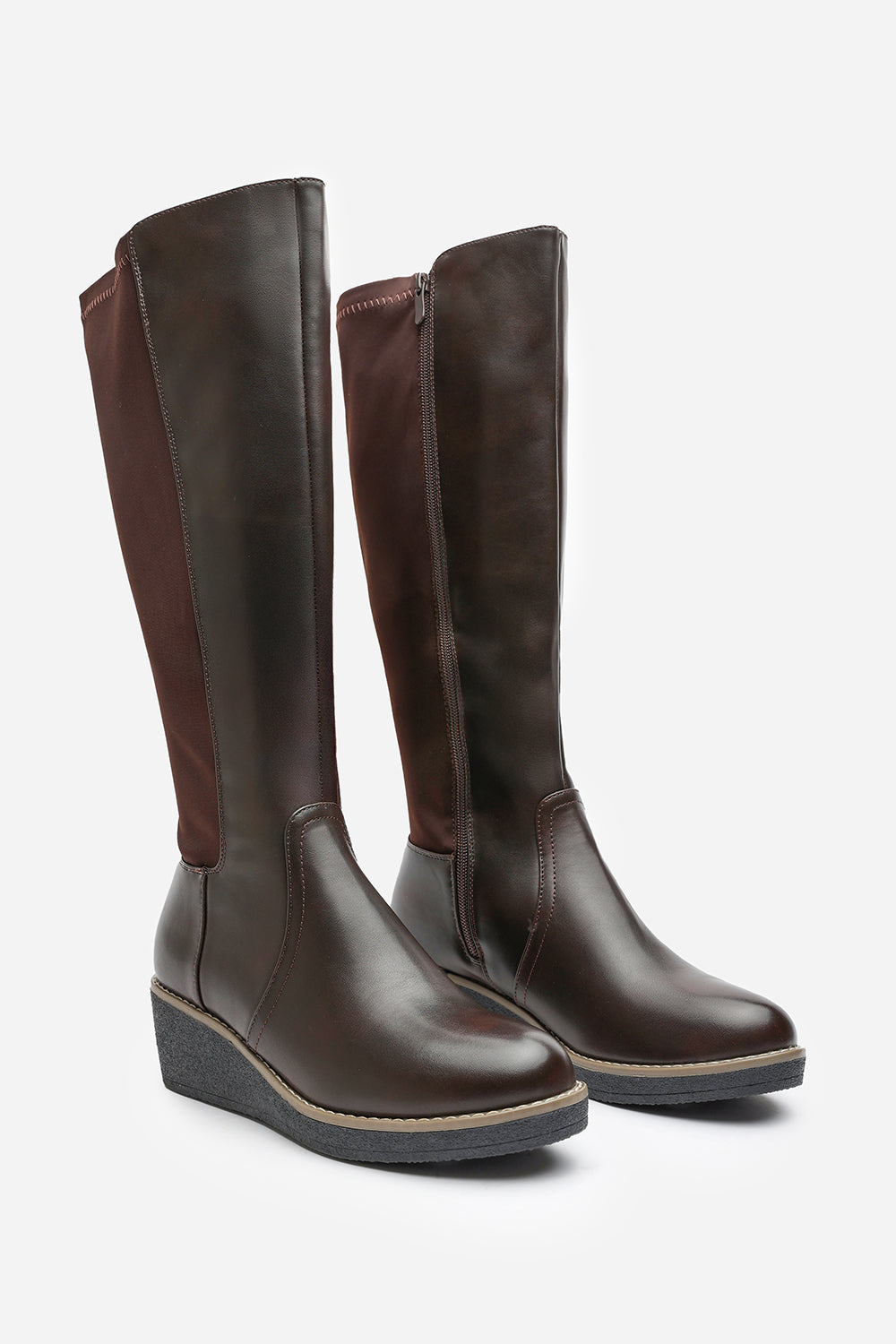 Journey Brown Knee High Wedge Boot With Stitch Detail