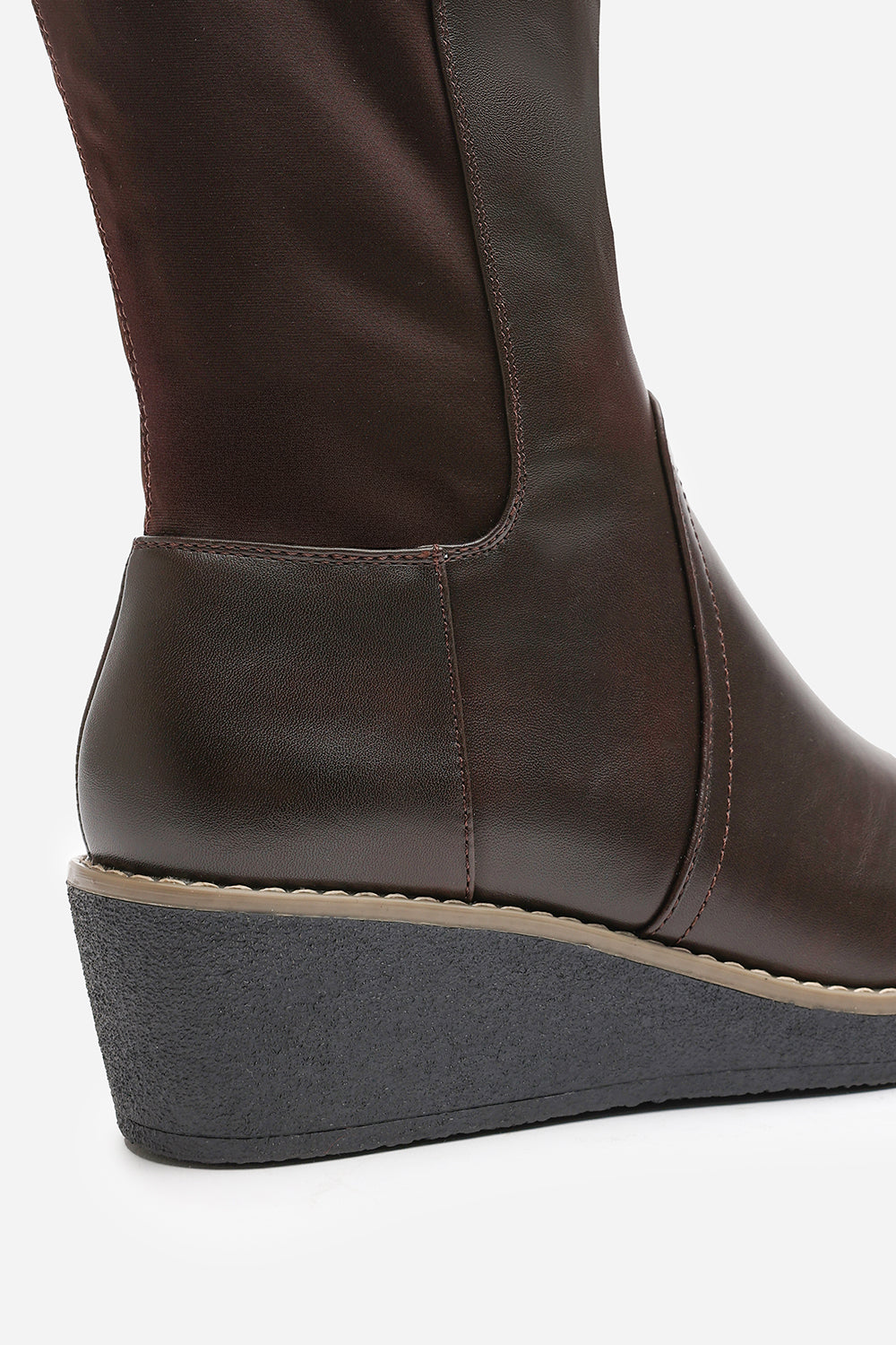 Journey Brown Knee High Wedge Boot With Stitch Detail