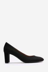 Livia Wide Fit Black Suede Mid Block Heel Court Shoe With Rounded Toe