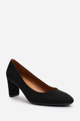 Livia Wide Fit Black Suede Mid Block Heel Court Shoe With Rounded Toe