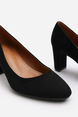 Livia Wide Fit Black Suede Mid Block Heel Court Shoe With Rounded Toe