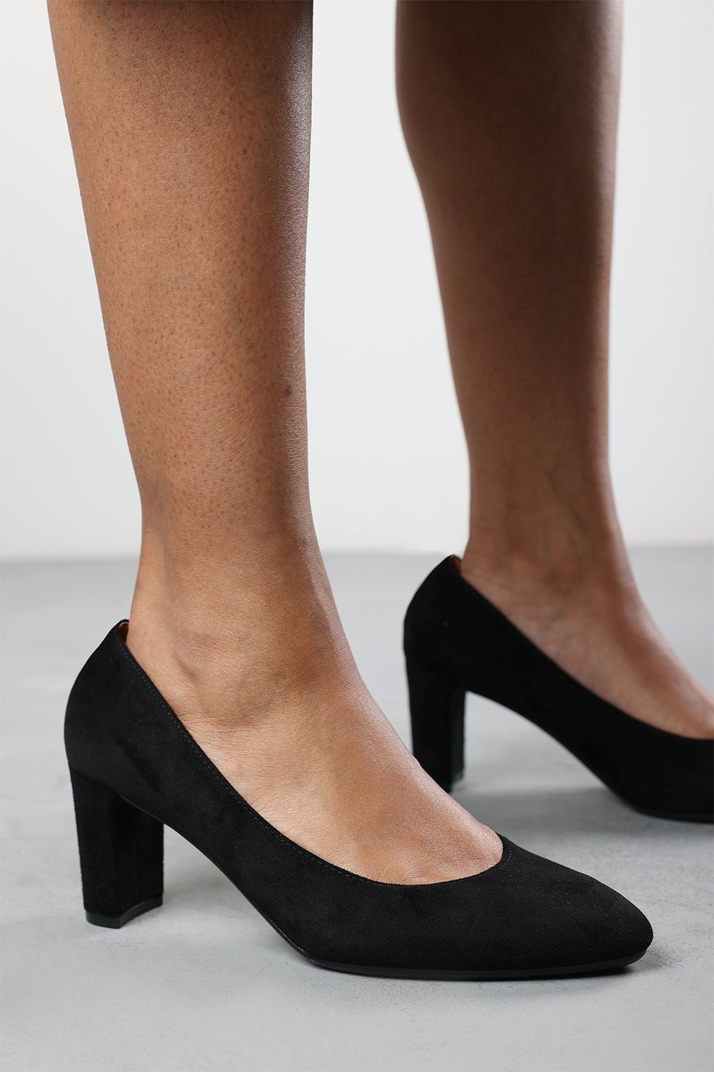 Livia Wide Fit Black Suede Mid Block Heel Court Shoe With Rounded Toe