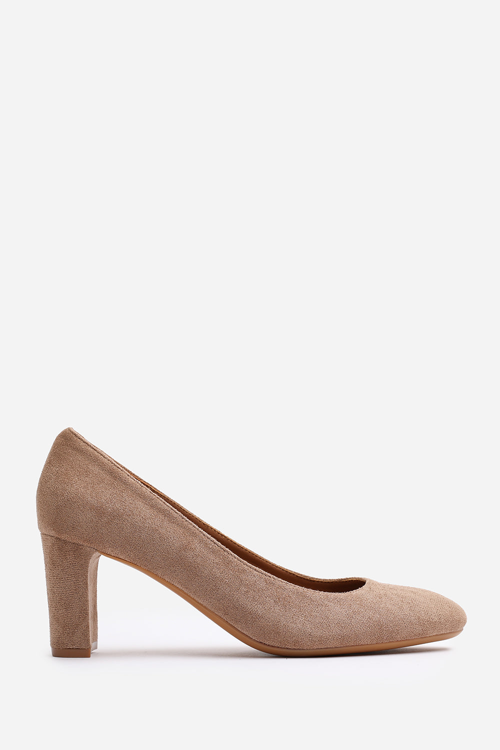 Livia Camel Suede Mid Block Heel Court Shoe With Rounded Toe
