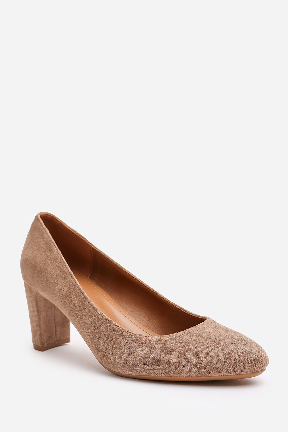 Livia Camel Suede Mid Block Heel Court Shoe With Rounded Toe