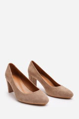 Navira Round Toe Block Heel Court Shoes In Camel Suede
