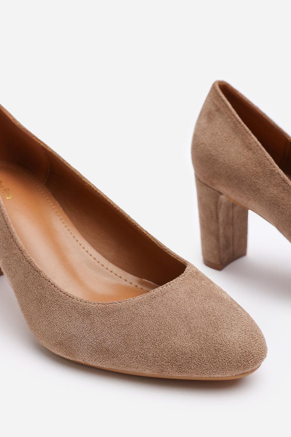 Livia Camel Suede Mid Block Heel Court Shoe With Rounded Toe