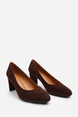 Livia Wide Fit Brown Suede Mid Block Heel Court Shoe With Rounded Toe