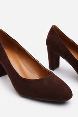 Livia Wide Fit Brown Suede Mid Block Heel Court Shoe With Rounded Toe