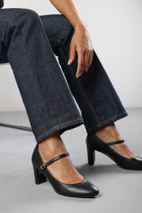 Nolan Wide Fit Black Faux Leather Mary Jane Court Shoe with Buckle strap