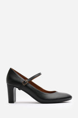Nolan Black Faux Leather Mary Jane Court Shoe with Buckle strap