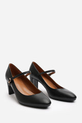 Nolan Wide Fit Black Faux Leather Mary Jane Court Shoe with Buckle strap