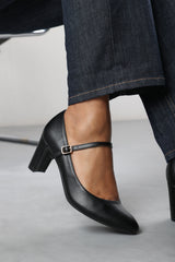 Nolan Black Faux Leather Mary Jane Court Shoe with Buckle strap