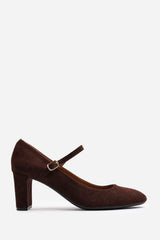 Nolan Wide Fit Brown Suede Mary Jane Court Shoe with Buckle strap