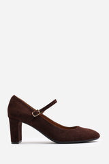 Verina Wide Fit Mary Jane Buckle Strap Court Shoes In Brown Suede