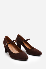 Verina Wide Fit Mary Jane Buckle Strap Court Shoes In Brown Suede