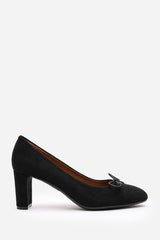 Oceana Wide Fit Black Suede Block Heel Court Shoe with Bow Detail