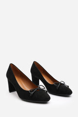 Oceana Wide Fit Black Suede Block Heel Court Shoe with Bow Detail