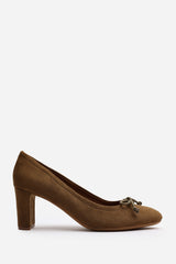 Oceana Wide Fit Khaki Suede Block Heel Court Shoe with Bow Detail