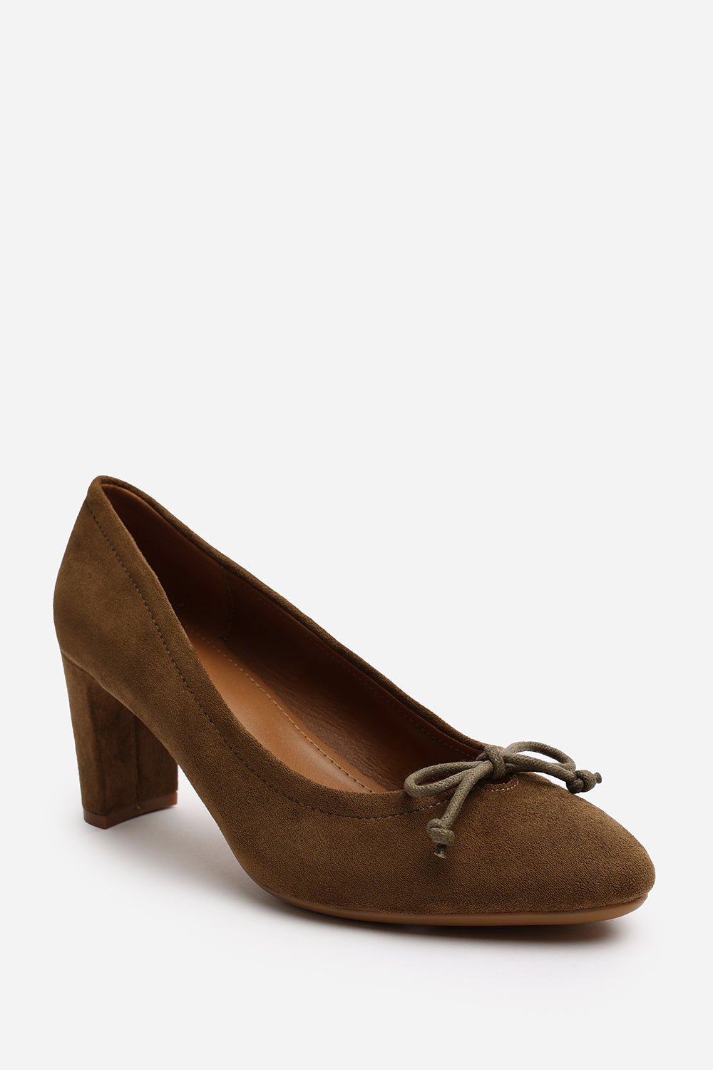 Loriva Wide Fit Block Heel Round Toe Court Shoes with Bow Detail In Khaki Suede