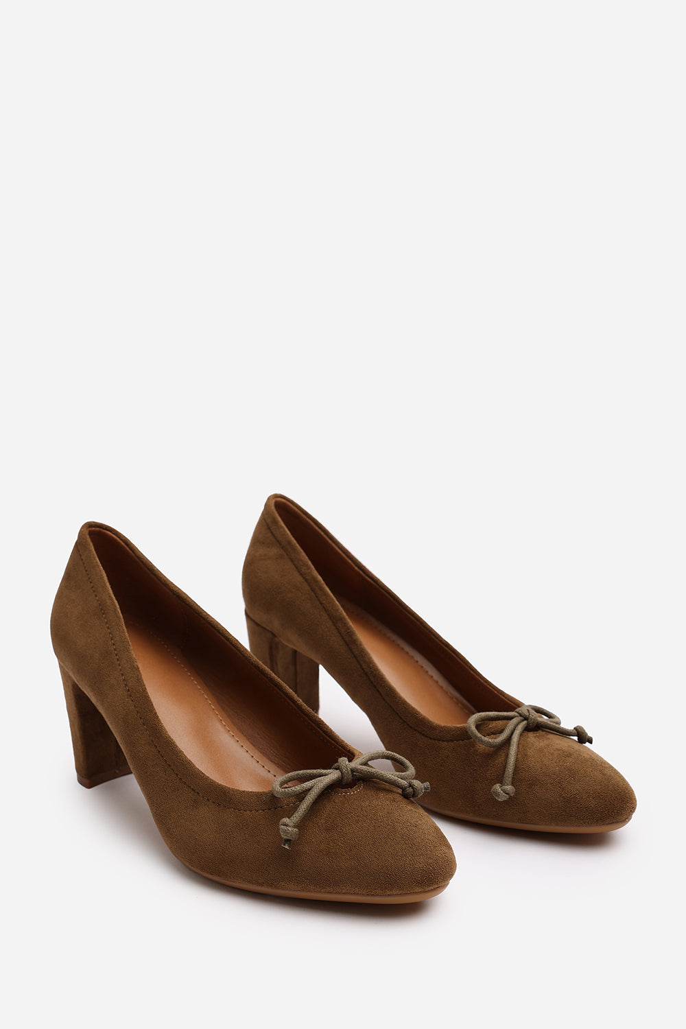 Oceana Khaki Suede Block Heel Court Shoe with Bow Detail