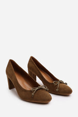 Oceana Khaki Suede Block Heel Court Shoe with Bow Detail
