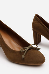Oceana Wide Fit Khaki Suede Block Heel Court Shoe with Bow Detail