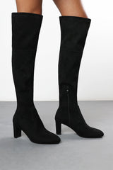 Felinia Black Suede Round Toe Block Heel Knee High Boots