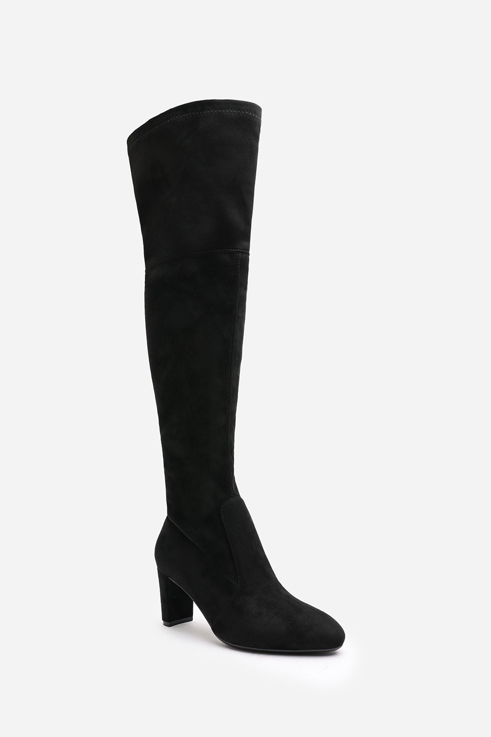 Felinia Black Suede Round Toe Block Heel Knee High Boots