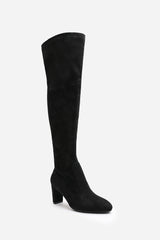 Felinia Black Suede Round Toe Block Heel Knee High Boots